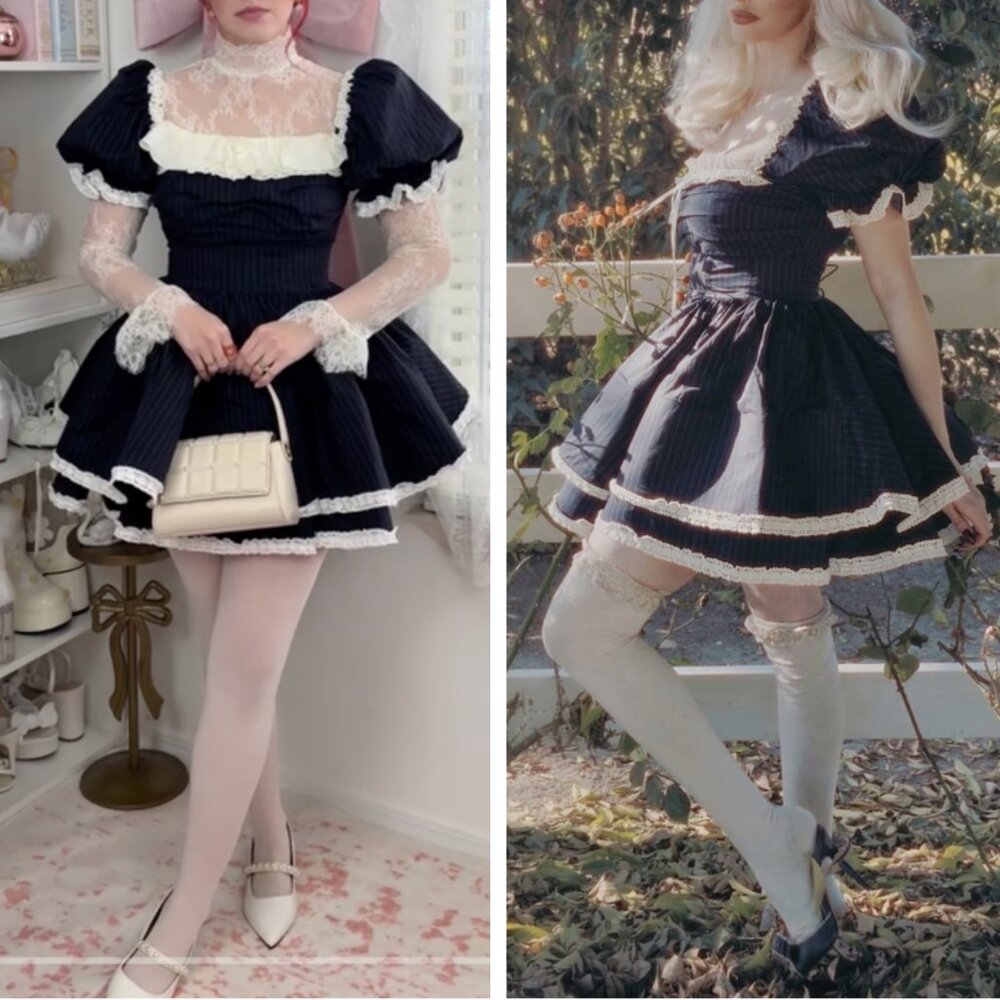 Selkie The Pinstripe Bonny Mini Dress Large Black White Lace Holiday - Picture 14 of 16